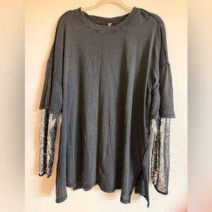 Free People Black Top with Sequin Sleeves